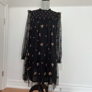 Black sheer sleeves floral embroidered dress